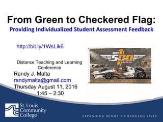 From Green to Checkered Flag:
Providing Individualized Student Assessment Feedback
Distance Teaching and Learning
Conference
Randy J. Malta
randymalta@gmail.com
Thursday August 11, 2016
1:45 – 2:30
Insert Picture of your
choice
http://bit.ly/1WsLik6
 