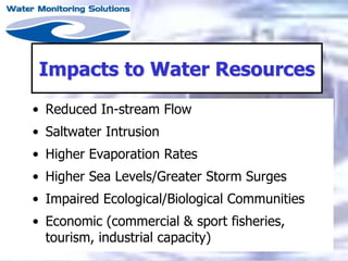 • Reduced In-stream Flow
• Saltwater Intrusion
• Higher Evaporation Rates
• Higher Sea Levels/Greater Storm Surges
• Impaired Ecological/Biological Communities
• Economic (commercial & sport fisheries,
tourism, industrial capacity)
Impacts to Water Resources
 