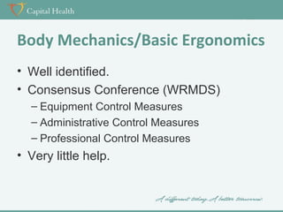 Body Mechanics/Basic Ergonomics
• Well identified.
• Consensus Conference (WRMDS)
– Equipment Control Measures
– Administrative Control Measures
– Professional Control Measures

• Very little help.

 