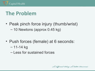 The Problem
• Peak pinch force injury (thumb/wrist)
– 10 Newtons (approx 0.45 kg)

• Push forces (female) at 6 seconds:
– 11-14 kg
– Less for sustained forces

 