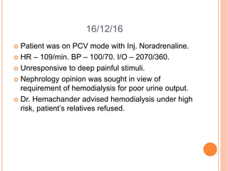 16/12/16
 Patient was on PCV mode with Inj. Noradrenaline.
 HR – 109/min. BP – 100/70. I/O – 2070/360.
 Unresponsive to deep painful stimuli.
 Nephrology opinion was sought in view of
requirement of hemodialysis for poor urine output.
 Dr. Hemachander advised hemodialysis under high
risk, patient’s relatives refused.
 