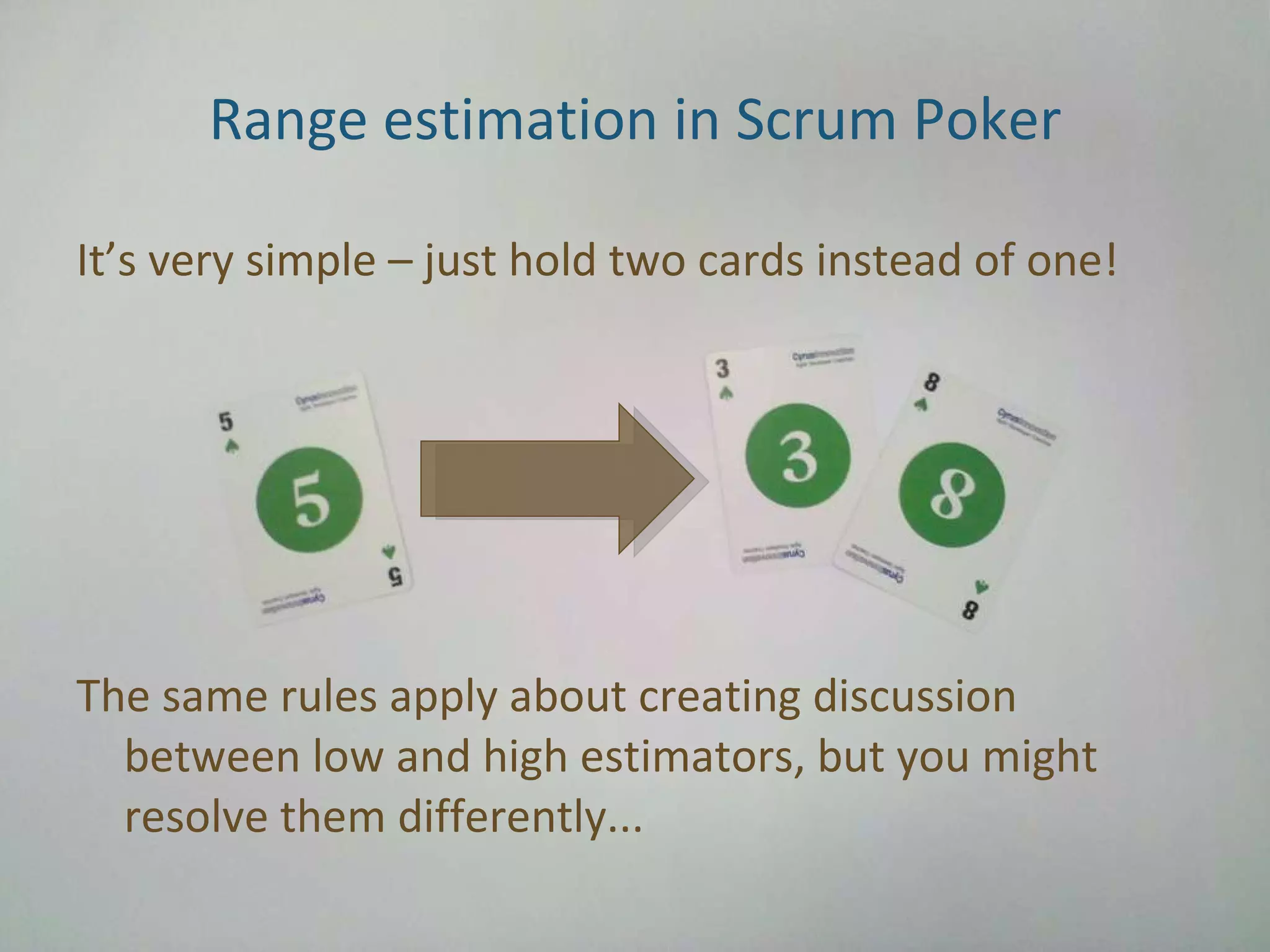 Range estimation in Scrum Poker It’s very simple – just hold two cards instead of one! The same rules apply about creating discussion between low and high estimators, but you might resolve them differently... 