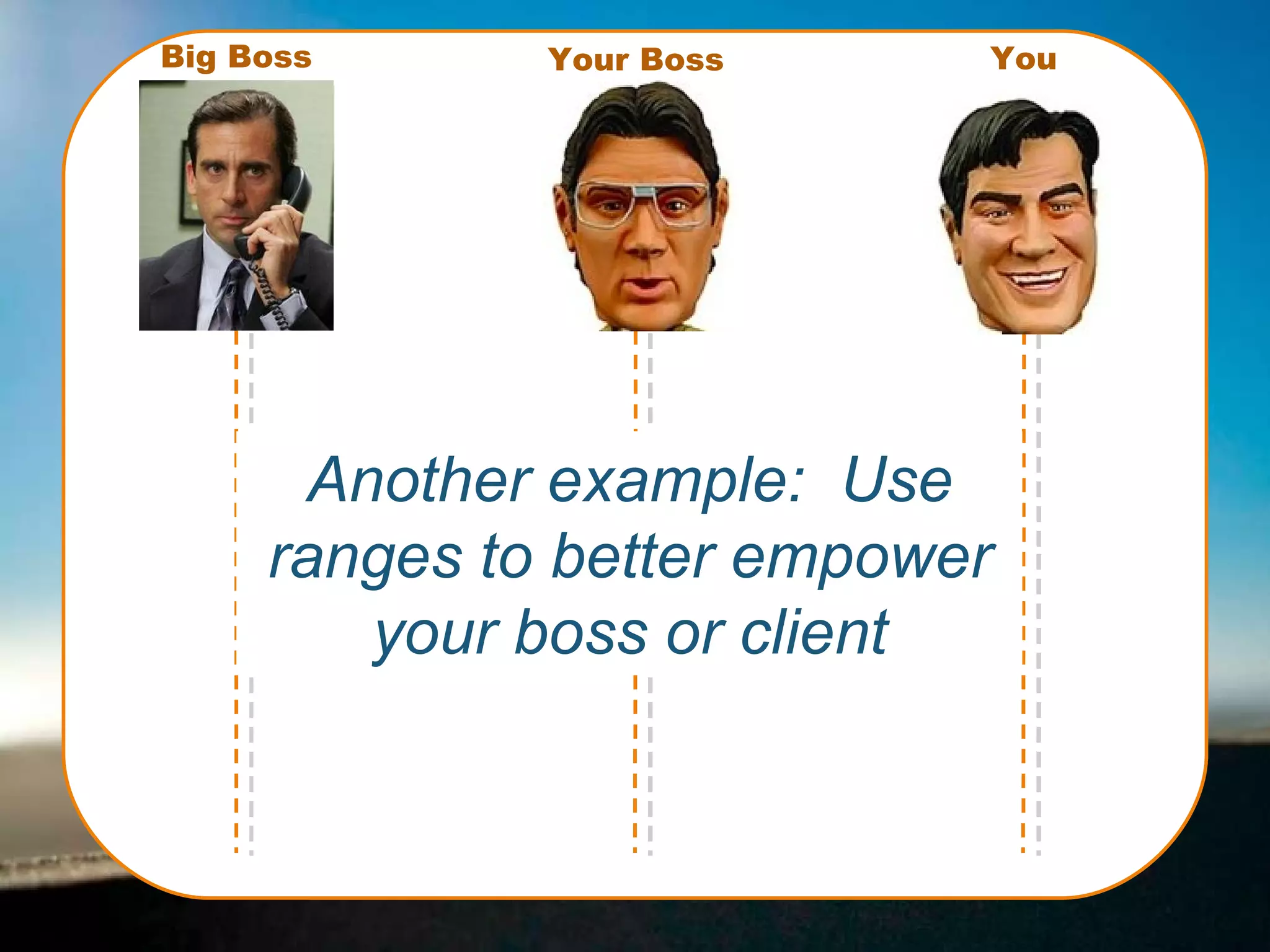 Another example:  Use ranges to better empower your boss or client You Your Boss Big Boss 
