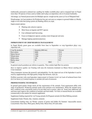 traditionally protected or planted tree seedling for fodder available place and in marginal land. In Nepal
more than 130 species of trees used as fodder and it plays an importance role in livestock husbandry.
Advantage: (a) Natural preservation (b) Multiple species: trough out the years (c) Use of Marginal land
Disadvantage: (a) Late producer (b) Production less per unit area as compare to ground fodder (c) Mostly
single or two time harvesting system (d) Shading effects on crops
Improvement options:
 Planting only selective species
 More focus on legume and NFT species
 Can withstand multi harvesting
 Focus on hedgerows species: produce more forage per unit area.
 Manage lopping operation/practices
IMPROVEMENT OF CROP RESIDUES MANAGEMENT
In Nepal Mostly green grass are available from June to September so crop byproducts plays very
important role.
Crop By products Quantity (000 ton) Percent
Rice straws 4400 59.8
Maize Stover 1800 22.4
Wheat straw 1200 14.3
Millet straw 240 3.0
Barley straw 43 0.5
Total 9843
In general crop by products are inferior in quantity. They contain high fiber low protein.
How to improve quality: (a) Treating with urea (b) Ammonia treatment (c) Maize Stover ensiling (d)
Urine treatment
These treatments increase the protein% and palatability. For the improved use of the byproduct it can be
used by supplementing with high quality forage like berseem, stylo etc.
Problem associate with crop byproduct improvement in Farmers Level: (a) Lack of technical know how
(b) Cost factor (c) Limited response to animals (d) Lack of extension
PROPER FEEDING TECHNIQUES
In general good quality forage meets all the requirement of the animals. Feed requirement differ with
stage of production. Producing animals needs extra nutrition over maintenance. When the animals loose
their condition some concentrate need to be provided such as grains, cakes etc. Some time additional salt
and bone meal improve the condition of animals and feed intake. Vet licks or mineral blocks are available
commercially in the market for mineral supplement.
Supplement feeding required for: (a) Young animals (b) Pregnant animals (b) Meat/Milking animals
Supplement feeds: Protein, fats, vitamins, minerals
Concentrates feeding time: (a) Winter: scarcity of grains and fodder (b) Summer: inaccessible season
Concentrates: Rice bran, Whet grain, Barley bran, Maize bran, Oil seed cakes
Comment & suggest me at: gautamdeepak77@ yahoo.com
 