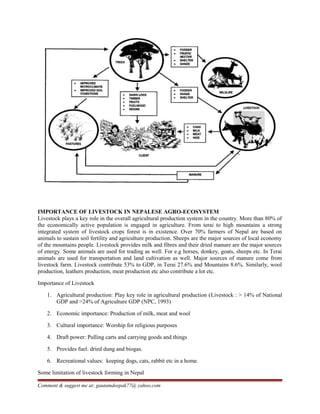 IMPORTANCE OF LIVESTOCK IN NEPALESE AGRO-ECOSYSTEM
Livestock plays a key role in the overall agricultural production system in the country. More than 80% of
the economically active population is engaged in agriculture. From terai to high mountains a strong
integrated system of livestock crops forest is in existence. Over 70% farmers of Nepal are based on
animals to sustain soil fertility and agriculture production. Sheeps are the major sources of local economy
of the mountains people. Livestock provides milk and fibres and their dried manure are the major sources
of energy. Some animals are used for trading as well. For e.g horses, donkey, goats, sheeps etc. In Terai
animals are used for transportation and land cultivation as well. Major sources of manure come from
livestock farm. Livestock contribute 53% to GDP, in Terai 27.6% and Mountains 8.6%. Similarly, wool
production, leathers production, meat production etc also contribute a lot etc.
Importance of Livestock
1. Agricultural production: Play key role in agricultural production (Livestock : > 14% of National
GDP and >24% of Agriculture GDP (NPC, 1993)
2. Economic importance: Production of milk, meat and wool
3. Cultural importance: Worship for religious purposes
4. Draft power: Pulling carts and carrying goods and things
5. Provides fuel: dried dung and biogas.
6. Recreational values: keeping dogs, cats, rabbit etc in a home.
Some limitation of livestock forming in Nepal
Comment & suggest me at: gautamdeepak77@ yahoo.com
 
