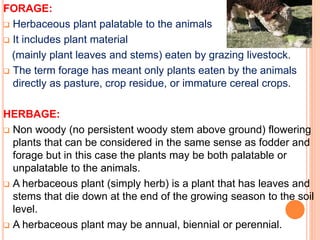 FORAGE:
 Herbaceous plant palatable to the animals
 It includes plant material
(mainly plant leaves and stems) eaten by grazing livestock.
 The term forage has meant only plants eaten by the animals
directly as pasture, crop residue, or immature cereal crops.
HERBAGE:
 Non woody (no persistent woody stem above ground) flowering
plants that can be considered in the same sense as fodder and
forage but in this case the plants may be both palatable or
unpalatable to the animals.
 A herbaceous plant (simply herb) is a plant that has leaves and
stems that die down at the end of the growing season to the soil
level.
 A herbaceous plant may be annual, biennial or perennial.
 