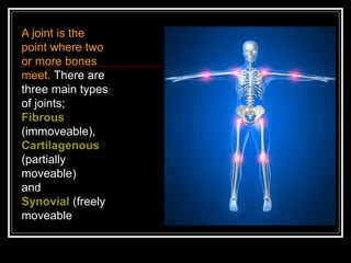 A joint is the
point where two
or more bones
meet. There are
three main types
of joints;
Fibrous
(immoveable),
Cartilagenous
(partially
moveable)
and
Synovial (freely
moveable
 