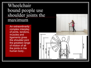 Wheelchair
bound people use
shoulder joints the
maximum
 An extraordinarily
complex interplay
of joints, tendons,
muscles and
ligaments gives
the shoulder joint
the greatest range
of motion of all
the joints in the
human body .
 
