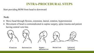 INTRA-PROCEDURAL STEPS
Start providing ROM from head to downward
Neck:
 Move head through flexion, extension, lateral, rotation, hyperxtension
 Movement of head is contraindicated in supine surgery, spine trauma and patient
having central vein line.
 