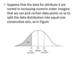 • Suppose that the data for attribute X are
sorted in increasing numeric order. Imagine
that we can pick certain data points so as to
split the data distribution into equal-size
consecutive sets, as in Figure
 