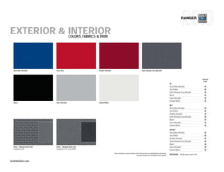 RANGER


EXTERIOR & INTERIOR
           COLORS, FABRICS & TRIM




  Vista Blue Metallic         Torch Red                   Redﬁre Metallic                                              Dark Shadow Grey Metallic



                                                                                                                                                                                                  Interior
                                                                                                                                                                                                   Color
                                                                                                                                                                XL
                                                                                                                                                                Vista Blue Metallic
                                                                                                                                                                Torch Red
                                                                                                                                                                Dark Shadow Grey Metallic
                                                                                                                                                                Black
                                                                                                                                                                Silver Metallic
                                                                                                                                                                Oxford White
  Black                       Silver Metallic             Oxford White
                                                                                                                                                                XLT
                                                                                                                                                                Vista Blue Metallic
                                                                                                                                                                Torch Red
                                                                                                                                                                Redfire Metallic
                                                                                                                                                                Dark Shadow Grey Metallic
                                                                                                                                                                Black
                                                                                                                                                                Silver Metallic
                                                                                                                                                                Oxford White
                                                                                                                                                                SPORT
                                                                                                                                                                Vista Blue Metallic
                                                                                                                                                                Torch Red
                                                                                                                                                                Redfire Metallic
                                                                                                                                                                Dark Shadow Grey Metallic
                                                                                                                                                                Black
  Vinyl — Medium Dark Flint   Cloth — Medium Dark Flint                                                                                                         Silver Metallic
  Standard on XL              Standard on XLT and SPORT
                                                                                                                                                                Oxford White
                                                                            Colors shown are representative only. Not all colors are available on all models.
                                                                                                             See your dealer for actual paint/trim options.     INTERIOR:     Medium Dark Flint


fordvehicles.com
 