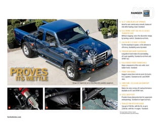 RANGER


                                                                                                             A. 56.5"-LONG REAR LEAF SPRINGS
                                                                                                                    Ideal for axle control and a smooth, balanced
                                                                                                                    ride while hauling a load. Standard.

                                                                                                             B. ELECTRONIC SHIFT-ON-THE-FLY (ESOF)
                                                                                                                TRANSFER CASE
                                                                                                                    Without stopping, select the ideal drive simply
                                                                                                                    by turning a switch. Standard on all 4x4s.

                                                                                                             C. 4.0L V6 OR 2.3L DOHC I-4 ENGINE
                        A                                                                                           For the maximum in power, or the ultimate in
                                                                                                                    efficiency. Availability varies by model.

                                                             C                                               D. TORSION-BAR FRONT SUSPENSION
                                B
                                                                                                                    Long wheel travel makes for outstanding
                                                                                                                    off-road capability. Standard on all 4x4s and
                                                                                                                    SPORT 4x2.

                                                                                                             E. FULLY BOXED FRONT FRAME RAILS
                                                                                             F
                                                                                                                    M
                                                                                                                    Major components of the rock-solid, steel
     tough inside and out                                                                                           ladder frame. Standard.
                                                                                                                    la


     PROVES
                                                  D
                                                                       E
                                                                                                             F. FR
                                                                                                                FRONT TOW HOOKS
                                                                                                                    Ru
                                                                                                                    Rugged connections lend an assist (to trucks

         ITS METTLE                                                                                                 le capable). Standard on XLT and SPORT
                                                                                                                    less
                                                                                                                    4x4s.
                                                                                                                    4x

                                    |   Ranger XLT SuperCab 4x4 in Vista Blue with available equipment   |   G. TWIN-TUBE, CELLULAR-GAS RANCHO®
                                                                                                                TW
                                                                                                                SHOCKS
                                                                                                                SH
                                                                                                                    M
                                                                                                                    Makes for some serious off-road performance.
                                                                                                                    Available on XLT and SPORT 4x4s.
                                                                                                                    Av

                                                                                                             H. STEEL SKID PLATE
                                                                                                                ST
                                                                                                                    Pr
                                                                                                                    Provides heavy-duty protection for suspension
                                                                                                                    underpinnings. Standard on SuperCab 4x2s.
                                                                                                                    un

                                                                                                                 I. TRAILER TOW HITCH RECEIVER
                                                                                                                    TR
                                                                                                                    To
                                                                                                                    Tow up to 5760 lbs. with the V6, or up to
 G                          H                            I
                                                                                                                    2200 lbs. with the I-4 engine.1 Standard.
                                                                                                                    22
                                                                                                             1
                                                                                                                 See your dealer or Owner’s Guide
                                                                                                                 for towing limitations and other details.


fordvehicles.com
 