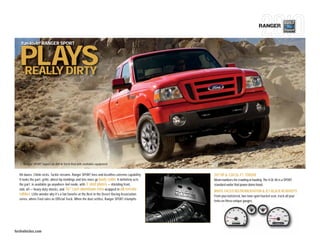 RANGER


      fun-lovin’ RANGER SPORT



      PLAYS
      REALLY DIRTY




  |    Ranger SPORT SuperCab 4x4 in Torch Red with available equipment   |


  Hit dunes. Climb rocks. Tackle streams. Ranger SPORT lives and breathes extreme capability.     207 HP & 238 LB.-FT. TORQUE
  It looks the part: grille, wheel-lip moldings and lots more go body color. It definitely acts   Mean numbers for crawling or hauling. The 4.0L V6 is a SPORT
  the part: in available go-anywhere 4x4 mode, with 3 skid plates — shielding front,              standard under that power dome hood.
  mid, aft — heavy-duty shocks, and 16" cast-aluminum rims wrapped in all-terrain
                                                                                                  WHITE-FACED INSTRUMENTATION & JET-BLACK READOUTS
  rubber. Little wonder why it’s a fan favorite at the Best in the Desert Racing Association      From your bolstered, two-tone sport bucket seat, track all your
  series, where Ford rules as Official Truck. When the dust settles, Ranger SPORT triumphs.
                                                                                                  treks on these unique gauges.




fordvehicles.com
 