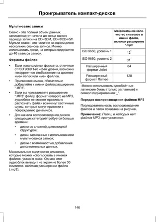 Проигрыватель компакт-дисков 
Мульти-сеанс записи 
Сеанс - это полный объем данных, 
записанных от начала до конца одного 
периода записи на CD-ROM, CD-R/CD-RW. 
Мульти-сеанс - это наличие на одном диске 
нескольких сеансов записи. Можно 
использовать диски, на которых содержится 
до 40 сеансов записи. 
Форматы файлов 
• Если используются форматы, отличные 
от ISO 9660 1-го и 2-го уровня, возможно 
некорректное отображение на дисплее 
имен папок или имен файлов. 
• Присваивая имена, обязательно 
добавляйте к имени файла расширение 
“.MP3”. 
• Если вы присваиваете расширение 
“.MP3” файлу, формат которого не MP3, 
аудиоблок не сможет правильно 
распознать файл и возникнут хаотичные 
шумы, которые могут привести к 
повреждению динамиков. 
• Для начала воспроизведения дисков 
следующих категорий требуется больше 
времени: 
• диски со сложной древовидной 
структурой; 
• диски, записанные с использованием 
мульти-сеанса записи; 
• диски с возможностью добавления 
дополнительных данных. 
Максимальное количество символов, 
которые можно использовать в именах 
файлов, указано ниже. Однако этот 
аудиоблок выводит на экран не более 30 
символов, включая расширение файла 
(.mp3). 
Максимальное коли- 
чество символов в 
имени файла, 
включая расширение 
'.mp3' 
ISO 9660, уровень 1 12* 
ISO 9660, уровень 2 31* 
Расширенный 64 
формат Joliet 
Расширенный 128 
формат Romeo 
*Можно использовать однобайтные 
латинские буквы (только заглавные) и 
символ подчеркивания '_'. 
Порядок воспроизведения файлов МР3 
Последовательность воспроизведения 
файлов и папок показана на рисунке. 
Примечание: Папки, в которых нет 
файлов MP3, пропускаются. 
146 
 