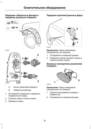 Осветительное оборудование 
Передние габаритные фонари и 
передние указатели поворота 
1 
E78336 
A 
E78337 
2 
3 
3 
2 
B 
A Рычаг указателей поворота 
B Габаритные фонари 
1. Отсоедините подкрылок и аккуратно 
отодвиньте его назад. 
2. Снимите лампу и патрон лампы. 
3. Извлеките лампу. 
Передние противотуманные фары 
2 
1 
E78335 
Примечание: Лампу невозможно 
отсоединить от патрона. 
1. Отсоедините штекерный разъем. 
2. Поверните против часовой стрелки и 
снимите патрон лампы. 
Боковые повторители указателей 
поворота 
E78338 
2 
1 
Примечание: Лампу невозможно 
отсоединить от патрона. 
1. Сдвиньте рассеиватель вправо и 
снимите его. 
2. Отсоедините штекерный разъем. 
32 
 