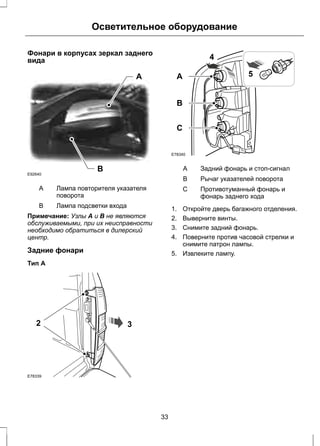 Осветительное оборудование 
Фонари в корпусах зеркал заднего 
вида 
A 
B E92640 
Лампа повторителя указателя 
поворота 
A 
B Лампа подсветки входа 
Примечание: Узлы A и B не являются 
обслуживаемыми, при их неисправности 
необходимо обратиться в дилерский 
центр. 
Задние фонари 
Тип А 
2 3 
E78339 
A 
B 
4 
C 
E78340 
5 
A Задний фонарь и стоп-сигнал 
B Рычаг указателей поворота 
Противотуманный фонарь и 
фонарь заднего хода 
C 
1. Откройте дверь багажного отделения. 
2. Выверните винты. 
3. Снимите задний фонарь. 
4. Поверните против часовой стрелки и 
снимите патрон лампы. 
5. Извлеките лампу. 
33 
 