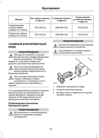 Тягово-сцепное 
устройство прицепа, 
кг (фунты) 
Буксировка 
С тормозом прицепа, 
кг (фунты) 
Без тормоза прицепа, 
Вариант кг (фунты) 
4-дверная удли- 
ненная кабина, 
750 (1653,5) 3000 (6613,9) 125 (275,6) 
привод на 4 колеса 
Сдвоенная кабина, привод на 4 колеса 
750 (1653,5) 3000 (6613,9) 125 (275,6) 
СЪЕМНЫЙ БУКСИРОВОЧНЫЙ 
КРЮК 
ПРЕДУПРЕЖДЕНИЯ 
Никогда не оставляйте съемный 
буксирный крюк незафиксированным 
внутри автомобиля. Это может 
привести к получению травмы или 
дорожно-транспортному проишествию. 
При отсутствии необходимости 
использования буксирного крюка 
всегда надежно закрепляйте его в 
багажном отделении. 
При установке буксирного крюка 
следует соблюдать особую 
осторожность, поскольку от этого 
зависит безопасность автомобиля и 
прицепа. 
13-штырьковый разъем прицепа и съемный 
буксирный крюк устанавливаются под 
задним бампером. Поверните разъем 
прицепа на 90 градусов вниз до его 
фиксации в конечном положении. 
Разблокировка механизма 
буксирного крюка 
ПРЕДУПРЕЖДЕНИЯ 
Для крепления и снятия буксирного 
крюка не применяйте никаких 
инструментов. 
ПРЕДУПРЕЖДЕНИЯ 
Не вносите изменений в конструкцию 
опорно-сцепного устройства. 
Не разбирайте и не ремонтируйте 
съемный буксирный крюк. 
E78801 
1. Извлеките заглушку из гнезда. 
2. Снимите защитную крышку. 
3. Вставьте ключ и поверните его против 
часовой стрелки. 
83 
 