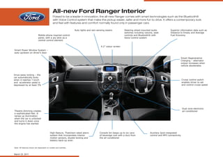 All-new Ford Ranger Interior
                                             Poised to be a leader in innovation, the all-new Ranger comes with smart technologies such as the Bluetooth®
                                             with Voice Control system that make the pickup easier, safer and more fun to drive. It offers a contemporary look
                                             and feel with features and comfort normally found only in passenger cars.

                                                                Auto lights and rain-sensing wipers          Steering wheel mounted audio             Superior information data such as
                                                                                                             switches including volume, seek          Distance to Empty and Average
                            Mobile-phone inspired control                                                    controls and Bluetooth® with             Fuel Economy
                            panel, with a joy stick as a                                                     Voice Control system
                            central control element

                                                                                        4.2” colour screen
Smart Power Window System –
auto up/down on driver’s door

                                                                                                                                                                   Smart Regenerative
                                                                                                                                                                   Charging – alternator
                                                                                                                                                                   output increases when
                                                                                                                                                                   vehicle decelerates



Drive-away locking – the
car automatically locks
when it reaches 7 km/h                                                                                                                                             Cruise control switch
and accelerator pedal is                                                                                                                                           enables driver to set
depressed by at least 5%                                                                                                                                           and control cruise speed




                                                                                                                                                                    Dual zone electronic
Theatre dimming creates                                                                                                                                             air-conditioner
a sophisticated feel. It
ramps up illumination
when the car is unlocked
and turns it down once
the engine has started.



                                         High-feature, Thatcham-rated alarm            Console bin keeps up to six cans             Auxiliary Ipod-integrated
                                         system that incorporates interior             of beverage cool with a duct from            control and MP3 connectivity
                                         motion sensors, double-locking and            the air-conditioner
                                         battery back-up siren


Note: All features shown are dependent on models and markets.



March 23, 2011
 