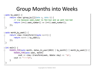 Group Months into Weeks
Copyright Eric Niebler 2015
 
