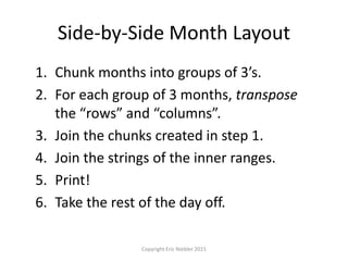 Side-by-Side Month Layout
1. Chunk months into groups of 3’s.
2. For each group of 3 months, transpose
the “rows” and “columns”.
3. Join the chunks created in step 1.
4. Join the strings of the inner ranges.
5. Print!
6. Take the rest of the day off.
Copyright Eric Niebler 2015
 
