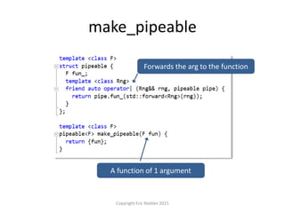 make_pipeable
Copyright Eric Niebler 2015
A function of 1 argument
Forwards the arg to the function
 