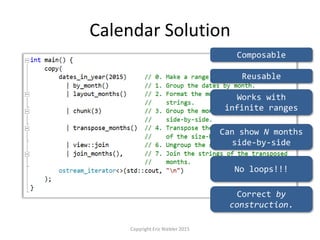 Calendar Solution
Copyright Eric Niebler 2015
Works with
infinite ranges
Composable
Reusable
Can show N months
side-by-side
No loops!!!
Correct by
construction.
 