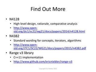 Find Out More
• N4128
• High-level design, rationale, comparative analysis
• http://www.open-
std.org/jtc1/sc22/wg21/docs/papers/2014/n4128.html
• N4382
• Standard wording for concepts, iterators, algorithms
• http://www.open-
std.org/JTC1/SC22/WG21/docs/papers/2015/n4382.pdf
• Range v3 library
• C++11 implementation
• http://www.github.com/ericniebler/range-v3
Copyright Eric Niebler 2015
 
