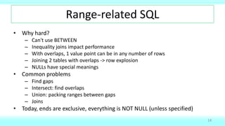 Range-related SQL
• Why hard?
– Can't use BETWEEN
– Inequality joins impact performance
– With overlaps, 1 value point can be in any number of rows
– Joining 2 tables with overlaps -> row explosion
– NULLs have special meanings
• Common problems
– Find gaps
– Intersect: find overlaps
– Union: packing ranges between gaps
– Joins
• Today, ends are exclusive, everything is NOT NULL (unless specified)
14
 