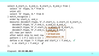 26
select A_start_n, A_end_n, B_start_n, B_end_n from (
select 'A' ttype, A.* from A
union all
select 'B' ttype, B.* from B
) match_recognize (
order by start_n, end_n
measures decode(f.ttype,'A',f.start_n, o.start_n) A_start_n,
decode(f.ttype,'A',f.end_n, o.end_n) A_end_n,
decode(f.ttype,'B',f.start_n, o.start_n) B_start_n,
decode(f.ttype,'B',f.end_n, o.end_n) B_end_n
all rows per match
after match skip to next row
pattern ( {-f-} (o|{-x-})+ )
define o as ttype != f.ttype and start_n < f.end_n,
x as start_n < f.end_n
);
Elapsed: 00:00:00.063
{- exclusion -}
( grouping )
+ at least one
Alternation A | B
✔
✔
 