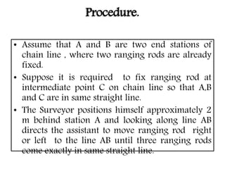 Procedure.
• Assume that A and B are two end stations of
chain line , where two ranging rods are already
fixed.
• Suppose it is required to fix ranging rod at
intermediate point C on chain line so that A,B
and C are in same straight line.
• The Surveyor positions himself approximately 2
m behind station A and looking along line AB
directs the assistant to move ranging rod right
or left to the line AB until three ranging rods
come exactly in same straight line.
 
