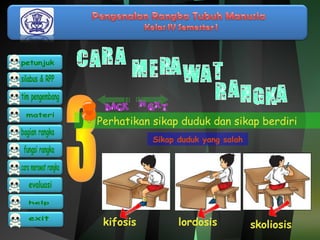 Perhatikan sikap duduk dan sikap berdiri 
Sikap duduk yang salah 
kifosis lordosis skoliosis 
 