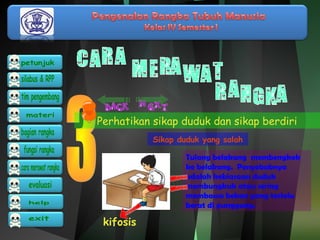 Perhatikan sikap duduk dan sikap berdiri 
Sikap duduk yang salah 
kifosis 
Tulang belakang membengkok 
ke belakang. Penyebabnya 
adalah kebiasaan duduk 
membungkuk atau sering 
membawa beban yang terlalu 
berat di punggung. 
 