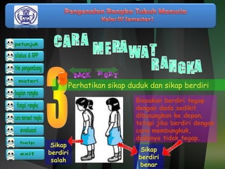 Perhatikan sikap duduk dan sikap berdiri 
Biasakan berdiri tegap 
dengan dada sedikit 
dibusungkan ke depan, 
tetapi jika berdiri dengan 
cara membungkuk, 
dadanya tidak tegap. 
Sikap 
berdiri 
salah 
Sikap 
berdiri 
benar 
 