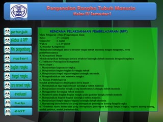 RENCANA PELAKSANAAN PEMBELAJARAN (RPP) 
Mata Pelajaran : Ilmu Pengetahuan Alam 
Kelas : IV (empat) 
Semeseter : I (satu) 
Waktu : 2 x 35 menit 
A. Standar Kompetensi 
Memahami hubungan antara struktur organ tubuh manusia dengan fungsinya, serta 
pemeliharaannya 
B. Kompetensi Dasar 
Mendeskripsikan hubungan antara struktur kerangka tubuh manusia dengan fungsinya 
C. Indikator Pencapaian Kompetensi 
Siswa dapat : 
1. Menjelaskan kegunaan rangka. 
2. Menjelaskan bagian-bagian kerangka tubuh 
3. Menjelaskan fungsi bagian-bagian kerangka manusia. 
4. Mempraktekkan cara merawat rangka. 
D. Tujuan Pembelajaran 
Setelah pembelajaran diharapkan siswa dapat : 
1. Menunjukkan tiga bagian besar kerangka tubuh manusia 
2. Menjelaskan struktur rangka yang membentuk kerangka tubuh manusia 
3. Menggambar kerangka tubuh manusia 
4. Memberi nama bagian-bagian rangka pada gambar rangka tubuh manusia 
5. Menunjukkan bagian-bagian kerangka tubuh manusia 
6. Menjelaskan fungsi bagian-bagian kerangka tubuh manusia 
7. Merancang suatu benda/alat yang merupakan penerapan konsep fungsi rangka 
8. Membuat suatu benda/alat yang merupakan penerapan konsep fungsi rangka, seperti layang-layang, 
model pesawat, model jembatan dsb. 
 