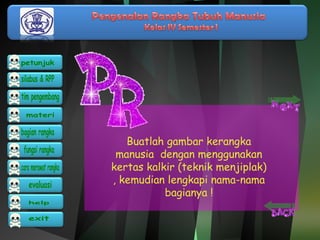 Buatlah gambar kerangka 
manusia dengan menggunakan 
kertas kalkir (teknik menjiplak) 
, kemudian lengkapi nama-nama 
bagianya ! 
 