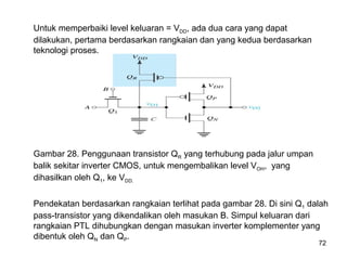 72
Untuk memperbaiki level keluaran = VDD, ada dua cara yang dapat
dilakukan, pertama berdasarkan rangkaian dan yang kedua berdasarkan
teknologi proses.
Gambar 28. Penggunaan transistor QR yang terhubung pada jalur umpan
balik sekitar inverter CMOS, untuk mengembalikan level VOH, yang
dihasilkan oleh Q1, ke VDD.
Pendekatan berdasarkan rangkaian terlihat pada gambar 28. Di sini Q1 dalah
pass-transistor yang dikendalikan oleh masukan B. Simpul keluaran dari
rangkaian PTL dihubungkan dengan masukan inverter komplementer yang
dibentuk oleh QN dan QP.
 