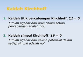 Kaidah Kirchhoff
1. Kaidah titik percabangan Kirchhoff: ΣI = 0
Jumlah aljabar dari arus dalam setiap
percabangan adalah nol.
2. Kaidah simpal Kirchhoff: ΣV = 0
Jumlah aljabar dari selisih potensial dalam
setiap simpal adalah nol
 