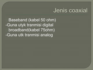 Baseband (kabel 50 ohm) 
-Guna utyk tranmisi digital 
broadband(kabel 75ohm) 
-Guna utk tranmisi analog 
 