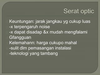 Keuntungan: jarak jangkau yg cukup luas 
-x terpengaruh noise 
-x dapat disadap &x mudah mengfalami 
Gfangguan 
Kelemahann: harga cukupo mahal 
-sulit dlm pemasangan instalasi 
-teknologi yang tambang 
 