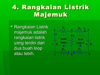 4. Rangkaian Listrik
Majemuk
 Rangkaian Listrik
majemuk adalah
rangkaian listrik
yang terdiri dari
dua buah loop
atau lebih.

 