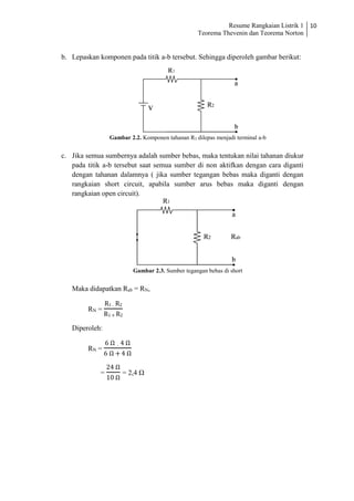 Resume Rangkaian Listrik 1
Teorema Thevenin dan Teorema Norton
10
b. Lepaskan komponen pada titik a-b tersebut. Sehingga diperoleh gambar berikut:
Gambar 2.2. Komponen tahanan R3 dilepas menjadi terminal a-b
c. Jika semua sumbernya adalah sumber bebas, maka tentukan nilai tahanan diukur
pada titik a-b tersebut saat semua sumber di non aktifkan dengan cara diganti
dengan tahanan dalamnya ( jika sumber tegangan bebas maka diganti dengan
rangkaian short circuit, apabila sumber arus bebas maka diganti dengan
rangkaian open circuit).
Gambar 2.3. Sumber tegangan bebas di short
Maka didapatkan Rab = RN,
RN =
R1 . R2
R1 + R2
Diperoleh:
RN =
6 Ω . 4 Ω
6 Ω + 4 Ω
=
24 Ω
10 Ω
= 2,4 Ω
 