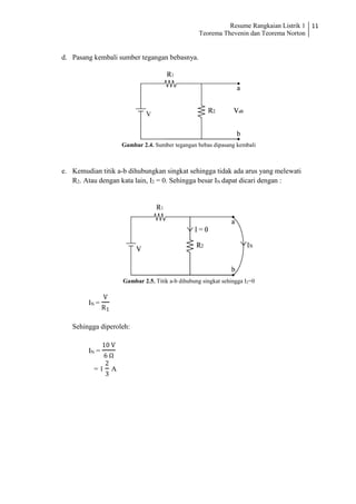 Resume Rangkaian Listrik 1
Teorema Thevenin dan Teorema Norton
11
d. Pasang kembali sumber tegangan bebasnya.
Gambar 2.4. Sumber tegangan bebas dipasang kembali
e. Kemudian titik a-b dihubungkan singkat sehingga tidak ada arus yang melewati
R2. Atau dengan kata lain, I2 = 0. Sehingga besar IN dapat dicari dengan :
Gambar 2.5. Titik a-b dihubung singkat sehingga I2=0
IN =
V
R1
Sehingga diperoleh:
IN =
10 V
6 Ω
= 1
2
3
A
V
 