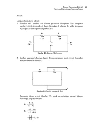 Resume Rangkaian Listrik 1
Teorema Thevenin dan Teorema Norton
13
Jawab:
Langkah-langkahnya adalah:
1. Tentukan titik terminal a-b dimana parameter ditanyakan. Pada rangkaian
gambar 1.6 titik terminal a-b dapat ditentukan di tahanan R2. Maka komponen
R2 dilepaskan dan diganti dengan titik a-b.
Gambar 2.8. Tahanan R2 dilepaskan
2. Sumber tegangan bebasnya diganti dengan rangkaian short circuit. Kemudian
mencari tahanan Nortonnya.
Gambar 2.9. Sumber tegangan di short
Rangkaian dibuat seperti Gambar 2.9. untuk memudahkan mencari tahanan
Nortonnya. Dapat diperoleh:
RN =
R1 . R3
R1 + R3
RN =
4 Ω . 1 Ω
4 Ω +1 Ω
=
4 Ω
5 Ω
= 0,8 Ω
 