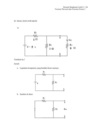 Resume Rangkaian Listrik 1
Teorema Thevenin dan Teorema Norton
16
IV. SOAL DAN JAWABAN
1)
Tentukan IR3!
Jawab:
a. Lepaskan komponen yang hendak dicari arusnya.
b. Sumber di short.
9
2 Ω
5
1
 