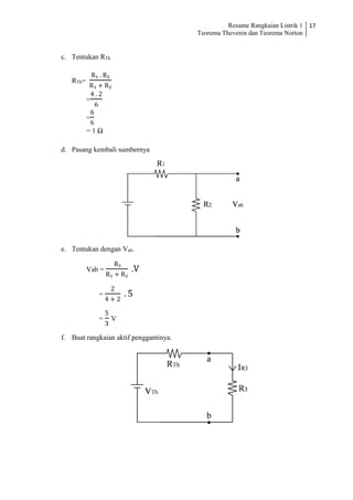 Resume Rangkaian Listrik 1
Teorema Thevenin dan Teorema Norton
17
c. Tentukan RTh
RTh=
R₁ . R₂
R₁ + R₂
=
4 . 2
6
=
6
6
= 1 Ω
d. Pasang kembali sumbernya
e. Tentukan dengan Vab.
Vab =
R₂
R₁ + R₂
.V
=
2
4 + 2
. 5
=
5
3
V
f. Buat rangkaian aktif penggantinya.
 
