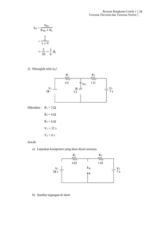 Resume Rangkaian Listrik 1
Teorema Thevenin dan Teorema Norton
18
IR3 =
VTh
RTh + R₃
=
3
5
1 + 9
=
5
30
=
1
6
A
2) Hitunglah nilai IR2!
Diketahui : R1 = 2 Ω
R2 = 4 Ω
R3 = 6 Ω
V1 = 32 v
V2 = 8 v
Jawab:
a) Lepaskan komponen yang akan dicari arusnya.
b) Sumber tegangan di short
 