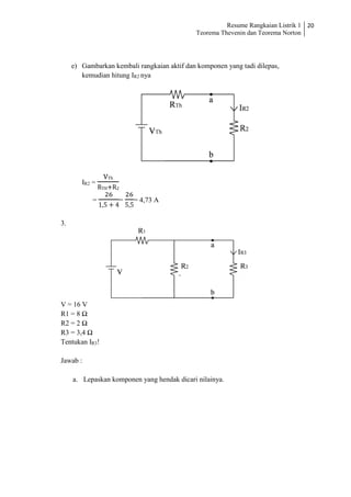Resume Rangkaian Listrik 1
Teorema Thevenin dan Teorema Norton
20
e) Gambarkan kembali rangkaian aktif dan komponen yang tadi dilepas,
kemudian hitung IR2 nya
IR2 =
VTh
RTH+R2
=
26
1,5 + 4
=
26
5,5
= 4,73 A
3.
V = 16 V
R1 = 8 Ω
R2 = 2 Ω
R3 = 3,4 Ω
Tentukan IR3!
Jawab :
a. Lepaskan komponen yang hendak dicari nilainya.
 