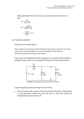 Resume Rangkaian Listrik 1
Teorema Thevenin dan Teorema Norton
9
Maka dapat diperoleh besar nilai arus yang mengalir pada tahanan R2 (IR2),
yaitu:
IR2 =
VTh
RTh + R2
IR3 =
11,2 v
0,8 Ω +2 Ω
=
11,2 v
2,8 Ω
= 4 A
III. TEOREMA NORTON
Pada teorema ini berlaku bahwa:
Suatu rangkaian listrik dapat disederhanakan dengan hanya terdiri dari satu buah
sumber arus yang dihubungkan secara paralel dengan sebuah tahanan
ekuivalennya pada dua terminal yang diamati.
Tujuan untuk menyederhanakan analisis rangkaian yaitu untuk membuat rangkaian
pengganti berupa sumber arus yang diparalel dengan suatu tahanan ekuivalennya.
Gambar 2.1. Rangkaian dengan analisis teorema Norton
Langkah-langkah penyelesaian dengan teorema Norton:
a. Cari dan tentukan titik terminal a-b di mana parameter ditanyakan. Pada Gambar
2.1 yang ditanyakan adalah besar atau nilai dari IR3, maka titik terminal a-b
terdapat pada komponen tahanan R3
 