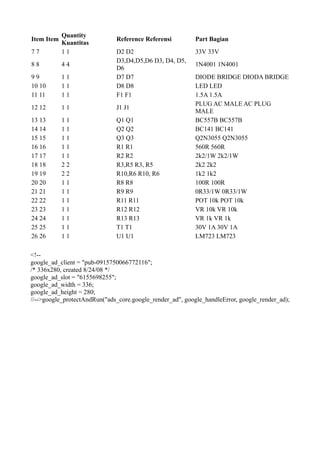 Quantity
Item Item                     Reference Referensi          Part Bagian
            Kuantitas
77          11                D2 D2                        33V 33V
                              D3,D4,D5,D6 D3, D4, D5,
88          44                                             1N4001 1N4001
                              D6
99          11                D7 D7                        DIODE BRIDGE DIODA BRIDGE
10 10       11                D8 D8                        LED LED
11 11       11                F1 F1                        1.5A 1.5A
                                                           PLUG AC MALE AC PLUG
12 12       11                J1 J1
                                                           MALE
13 13       11                Q1 Q1                        BC557B BC557B
14 14       11                Q2 Q2                        BC141 BC141
15 15       11                Q3 Q3                        Q2N3055 Q2N3055
16 16       11                R1 R1                        560R 560R
17 17       11                R2 R2                        2k2/1W 2k2/1W
18 18       22                R3,R5 R3, R5                 2k2 2k2
19 19       22                R10,R6 R10, R6               1k2 1k2
20 20       11                R8 R8                        100R 100R
21 21       11                R9 R9                        0R33/1W 0R33/1W
22 22       11                R11 R11                      POT 10k POT 10k
23 23       11                R12 R12                      VR 10k VR 10k
24 24       11                R13 R13                      VR 1k VR 1k
25 25       11                T1 T1                        30V 1A 30V 1A
26 26       11                U1 U1                        LM723 LM723

<!--
google_ad_client = "pub-0915750066772116";
/* 336x280, created 8/24/08 */
google_ad_slot = "6155698255";
google_ad_width = 336;
google_ad_height = 280;
//-->google_protectAndRun("ads_core.google_render_ad", google_handleError, google_render_ad);
 