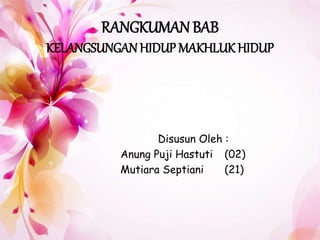 RANGKUMAN BAB 
KELANGSUNGAN HIDUP MAKHLUK HIDUP 
Disusun Oleh : 
Anung Puji Hastuti (02) 
Mutiara Septiani (21) 
 